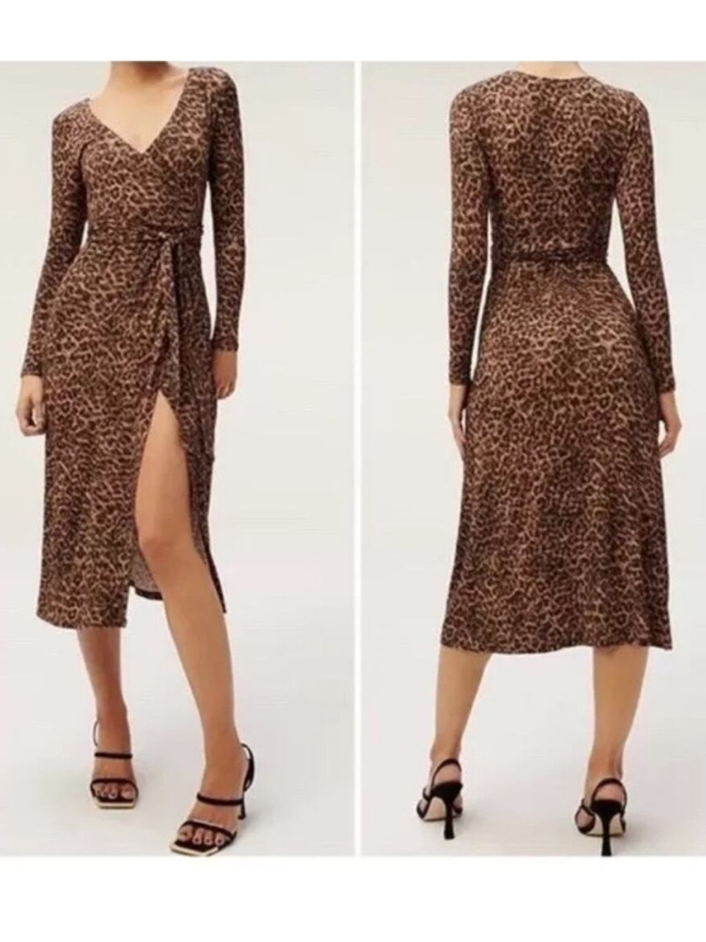 Good American Daynight Dress Brown Sepia Leopard Wrap Midi size 0 XS